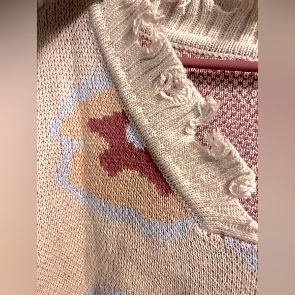 Hippie Style Fringe Raw Cut Trim Woolblend Deep V Neck Loose Long Sleeve Sweater - Picture 6 of 10